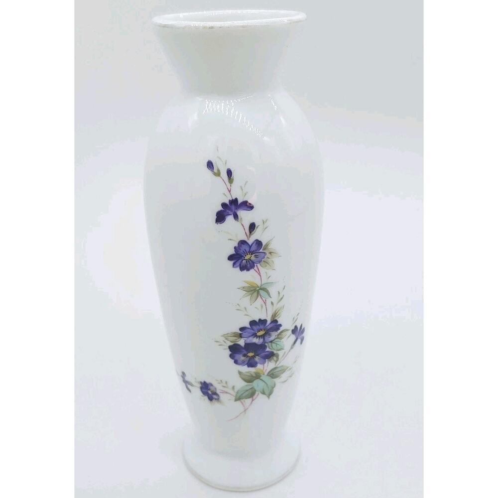 Lefton Forget Me Not Pud Vase White-Purple Flowers 6.5 in-HAND PAINTED